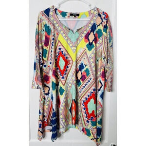 Lior Paris Pullover Blouse L Ikat Art Handkerchief Hem Stretch 3/4 Sleeve Boho